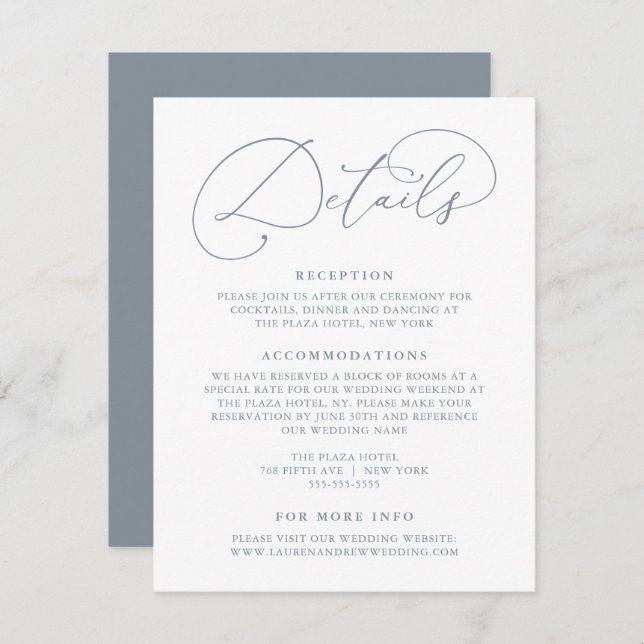 Dusty Blue Modern Minimalist Wedding Details Enclosure Card (Front/Back)