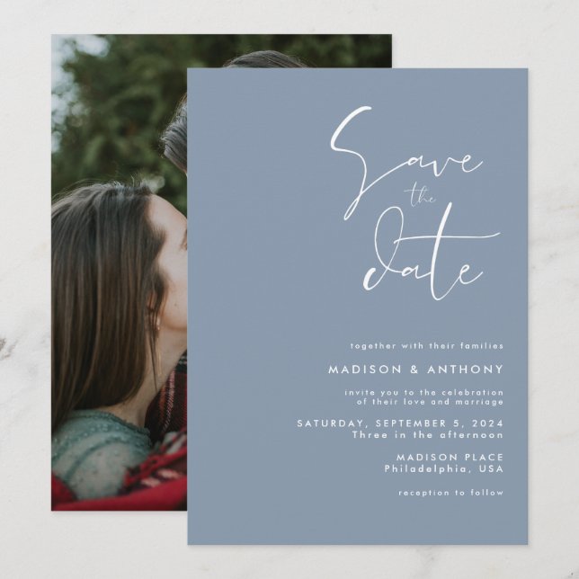 Dusty Blue Modern Minimalist Wedding Photo Invitation (Front/Back)