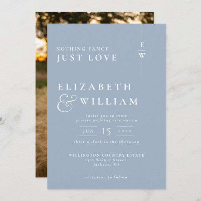 Dusty Blue Modern Monogram Intimate Wedding Photo Invitation (Front/Back)
