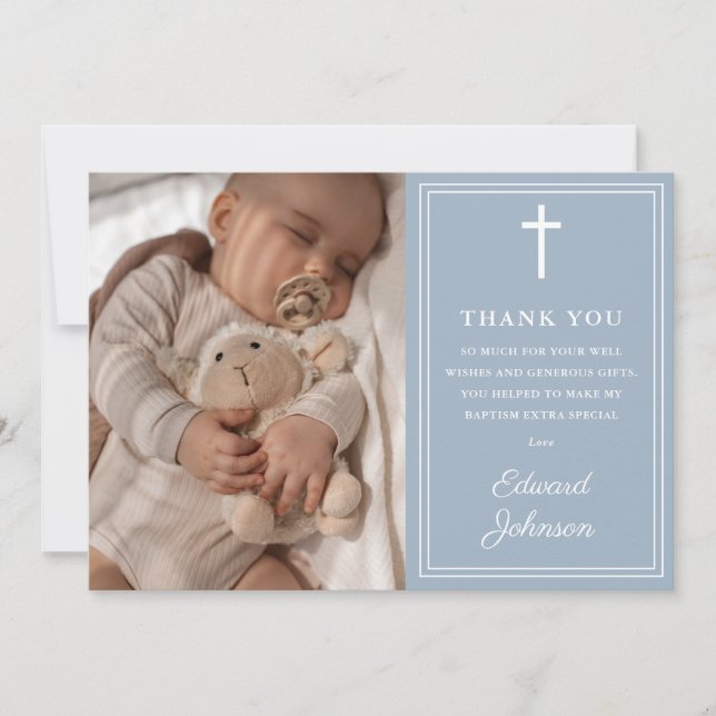 Dusty Blue Modern Photo Baptism Christening Thank You Card (Front)