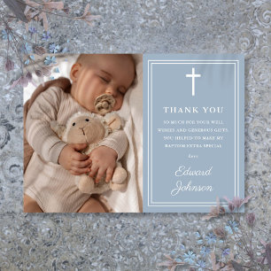 Dusty Blue Modern Photo Baptism Christening Thank You Card