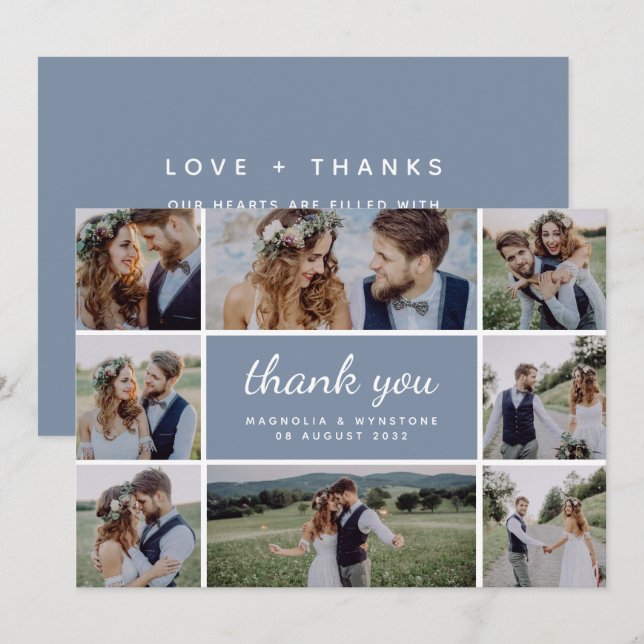 Dusty Blue Modern Photo Collage Wedding  Thank You Card (Front/Back)