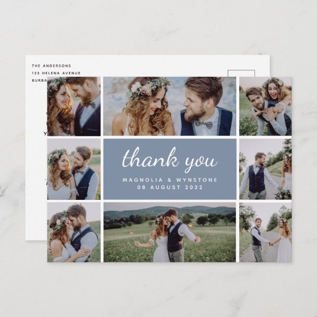 Dusty Blue Modern Photo Collage Wedding  Thank You Postcard (Front/Back)
