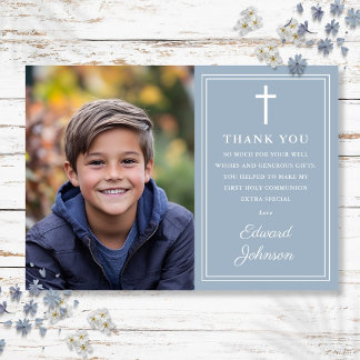 Dusty Blue Modern Photo First Holy Communion Thank You Card