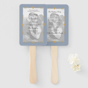 Dusty Blue Modern Photo Gold Heart Wedding Program Hand Fan