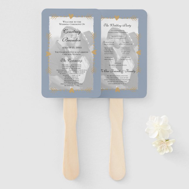 Dusty Blue Modern Photo Gold Heart Wedding Program Hand Fan (Front and Back)