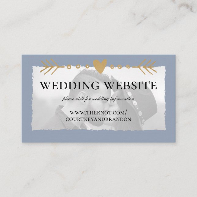 Dusty Blue Modern Photo Gold Heart Wedding Website Enclosure Card (Front)