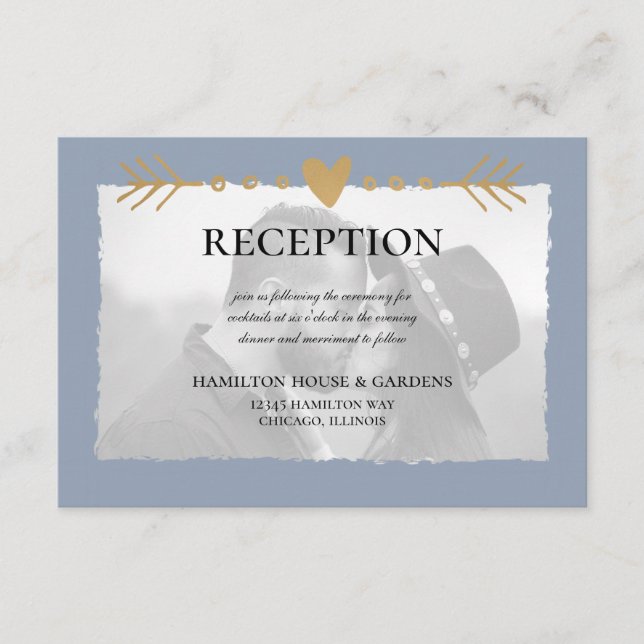 Dusty Blue Modern Photo Gold Hearts Reception Enclosure Card (Front)