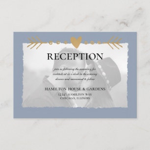 Dusty Blue Modern Photo Gold Hearts Reception Enclosure Card