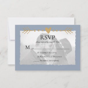 Dusty Blue Modern Photo Gold Hearts RSVP Card