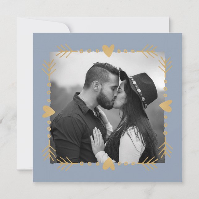 Dusty Blue Modern Photo Gold Hearts Wedding Invitation (Front)