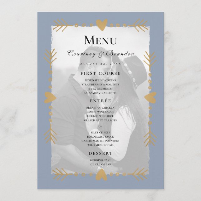 Dusty Blue Modern Photo Gold Hearts Wedding Menu (Front)