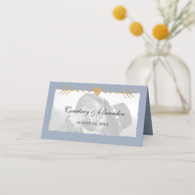 Dusty Blue Modern Photo Gold Hearts Wedding Place Card (Front)