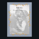 Dusty Blue Modern Photo Gold Leaves Wedding Menu<br><div class="desc">This Dusty Blue Modern Photo Gold Leaves Wedding Menu is both traditional and modern at the same time. Its wonderful design with your photo in black and white, crisp fonts, and beautiful dusty blue edge with hand drawn embellishments will truly WOW your guests. It is is as unique as you...</div>