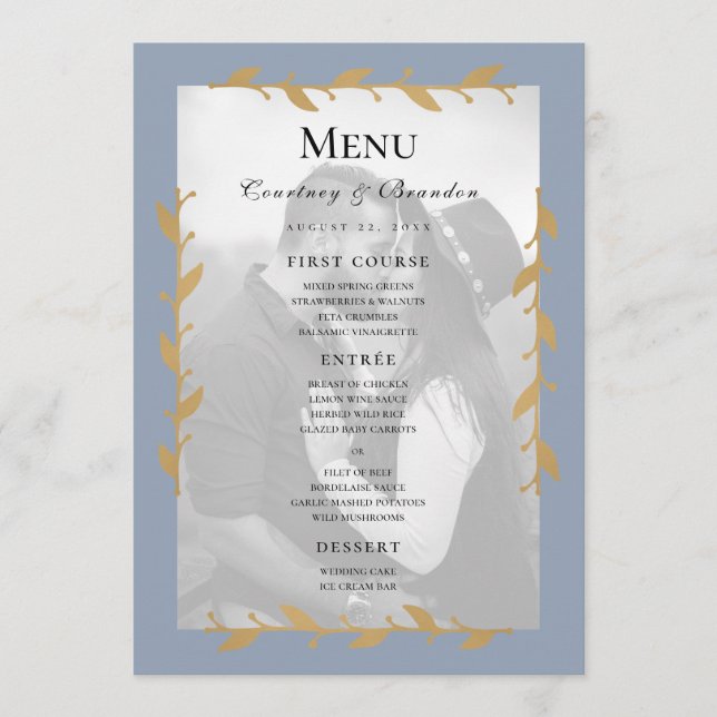 Dusty Blue Modern Photo Gold Leaves Wedding Menu (Front)