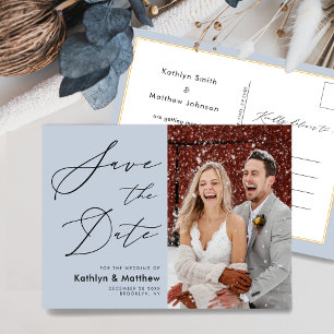 Dusty Blue Modern Photo Wedding Save The Date Announcement Postcard