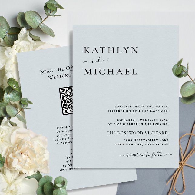 Dusty Blue Modern QR Code All In One Wedding Invitation (Creator Uploaded)