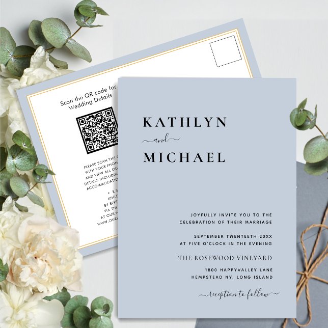 Dusty Blue Modern QR Code All In One Wedding Invitation Postcard (Creator Uploaded)
