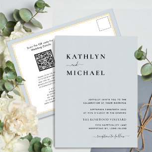 Dusty Blue Modern QR Code All In One Wedding Invitation Postcard