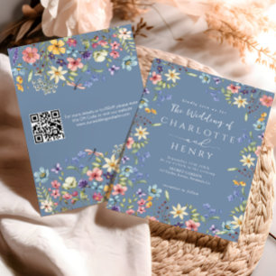 Dusty Blue Modern QR Code Wildflower Wedding Invitation