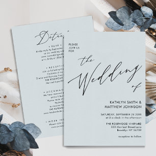 Dusty Blue Modern Script All In One Simple Wedding Invitation