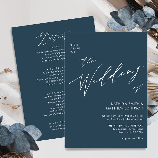 Dusty Blue Modern Script All In One Simple Wedding Invitation (Creator Uploaded)