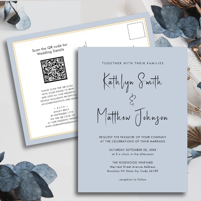 Dusty Blue Modern Script All In One Simple Wedding Invitation Postcard (Creator Uploaded)