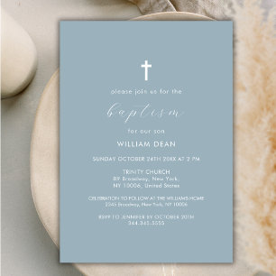 Dusty Blue Modern Script Boho Gold Cross Baptism Invitation