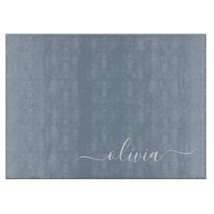 Dusty Blue Modern Script Elegant Monogram Name Cutting Board