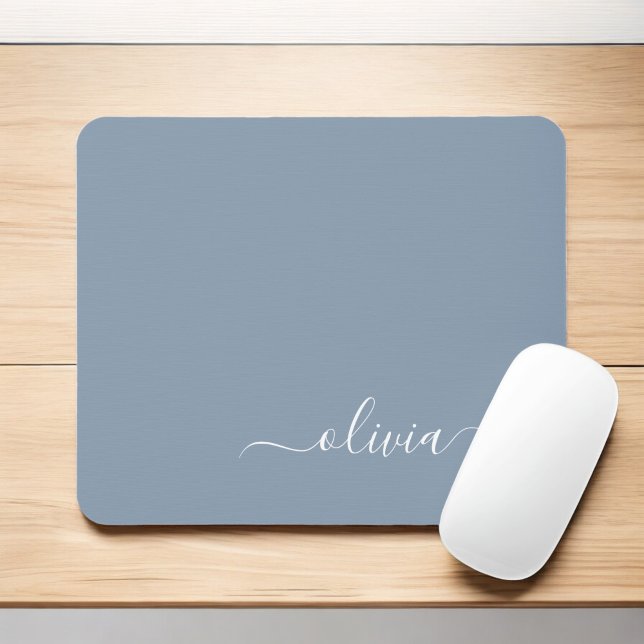 Dusty Blue Modern Script Elegant Monogram Name  Mouse Mat (Creator Uploaded)