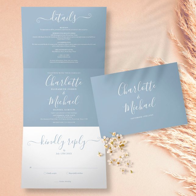 Dusty Blue Modern Script Monogram Photo Wedding Tri-Fold Invitation (Creator Uploaded)