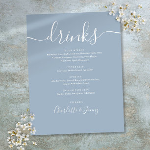 Dusty Blue Modern Script Wedding Drinks Menu