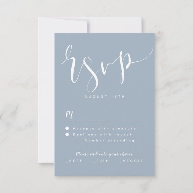 Dusty Blue Modern Simple Script wedding RSVP Card (Front)
