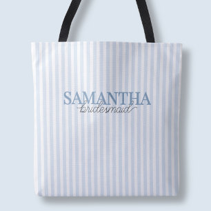 Dusty Blue Modern Striped Script Bridesmaid Name Tote Bag