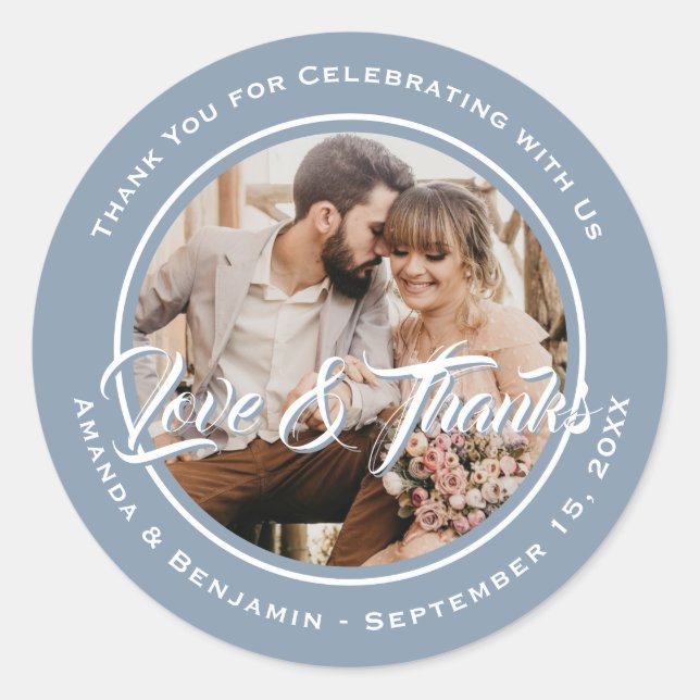 Dusty Blue Modern Thank You Wedding Photo Favour Classic Round Sticker (Front)