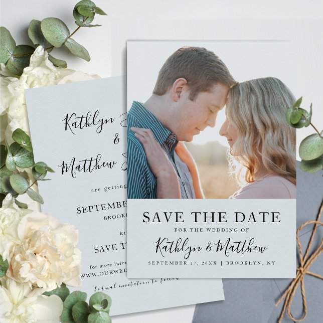 Dusty Blue Modern Typography Simple Photo Wedding Save The Date (Creator Uploaded)