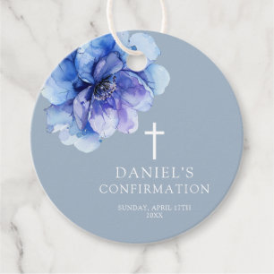 Dusty Blue Modern Watercolor Floral Confirmation Favour Tags
