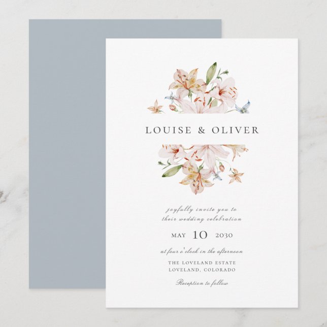 Dusty Blue Modern Watercolor Floral Lilies Wedding Invitation (Front/Back)