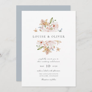 Dusty Blue Modern Watercolor Floral Lilies Wedding Invitation