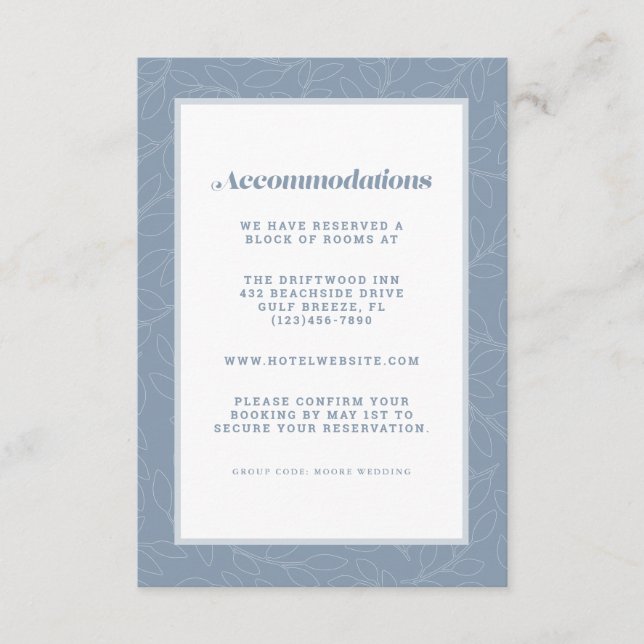 Dusty Blue Modern Wedding Accommodation Detail Enclosure Card (Front)