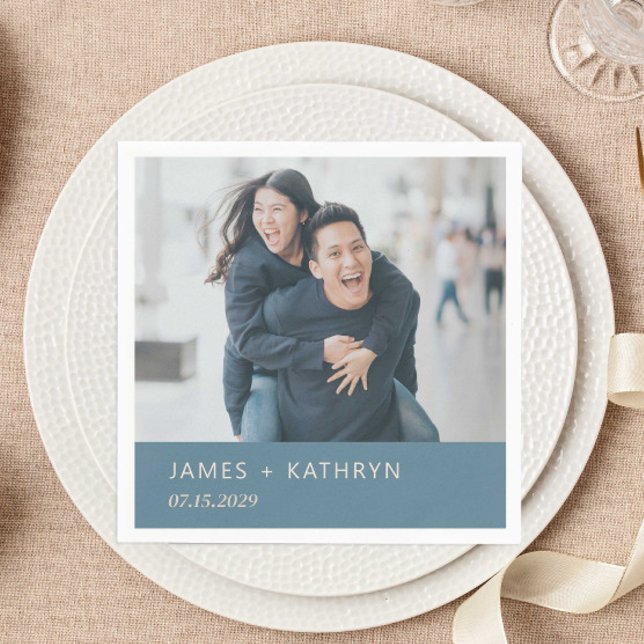 Dusty Blue Modern Wedding Photo Custom Name Date Napkin (Creator Uploaded)