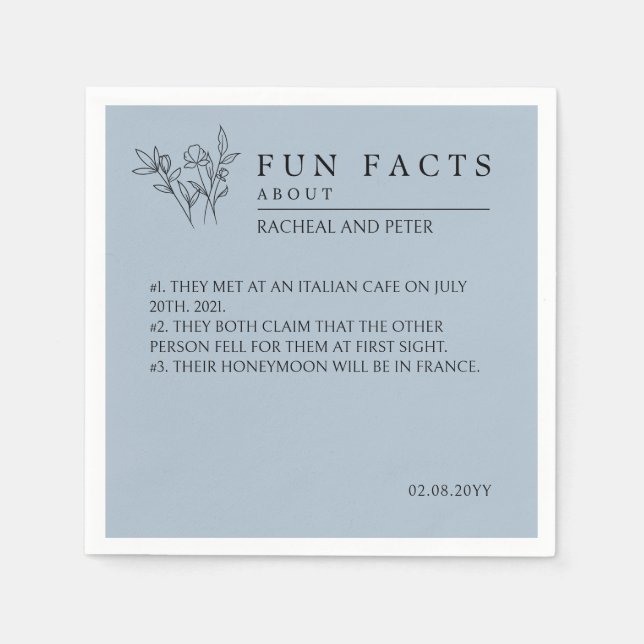 Dusty Blue Modern Wild Flowers Fun Facts Wedding Napkin (Front)