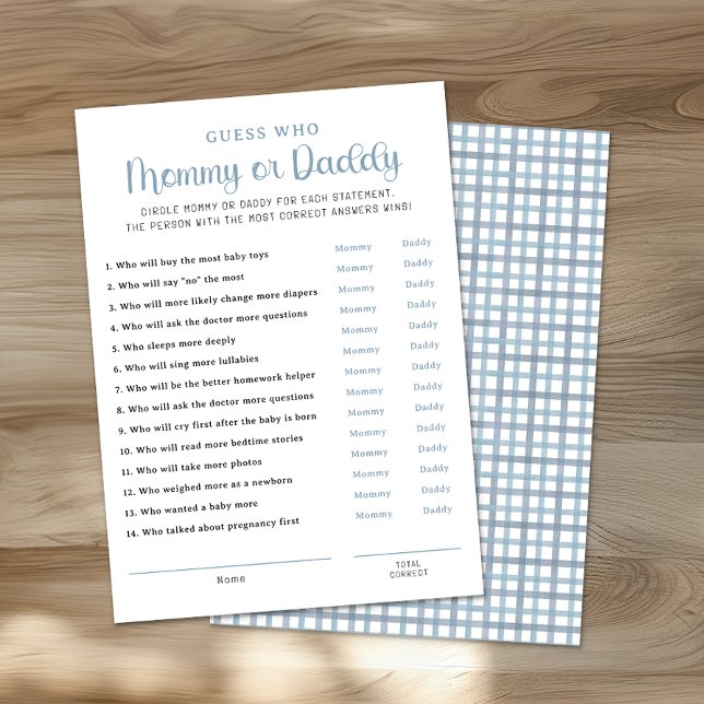 Dusty Blue Mommy or Daddy Baby Shower Game Card (Mommy & Daddy Game Card)
