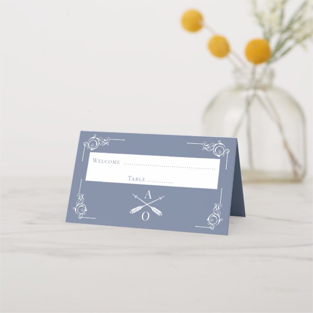 Dusty Blue Monogram and Arrows Reception Place Card (Front)