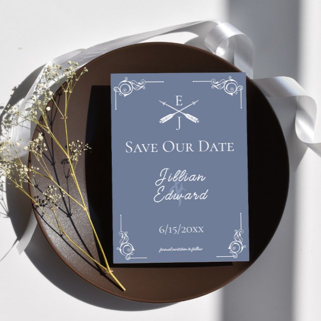 Dusty Blue Monogram and Arrows Save The Date Announcement (Dusty Blue Monogram and Arrows Save the Date)