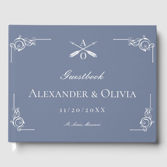Dusty Blue Monogram and Arrows Wedding Guest Book (Front)