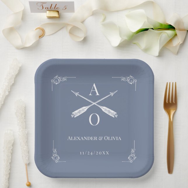 Dusty Blue Monogram and Arrows Wedding Paper Plate (Wedding)