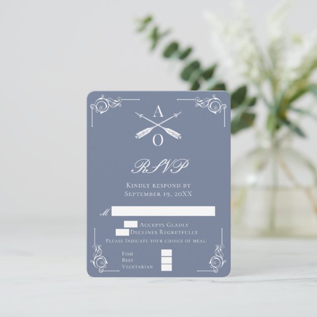 Dusty Blue Monogram and Arrows Wedding RSVP Card (Standing Front)