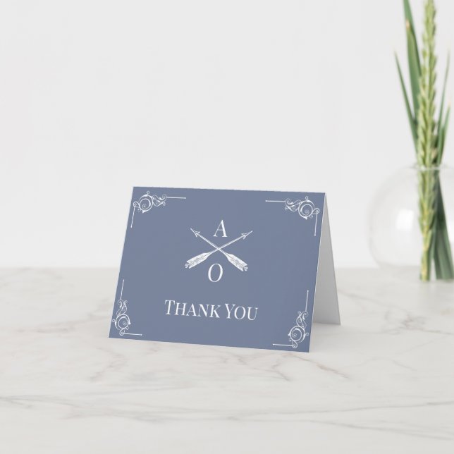 Dusty Blue Monogram and Arrows Wedding Thank You (Front)