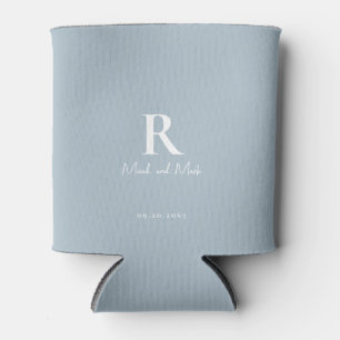 Dusty Blue & Monogram and Couple Names Wedding Can Cooler